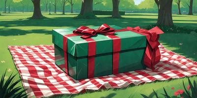 The primary subject of the image is a green and red box with a bow on top, placed on a checkered blanket. The setting is a park, with trees in the background. The visual style is a digital art or illustration, creating a festive and cheerful atmosphere.